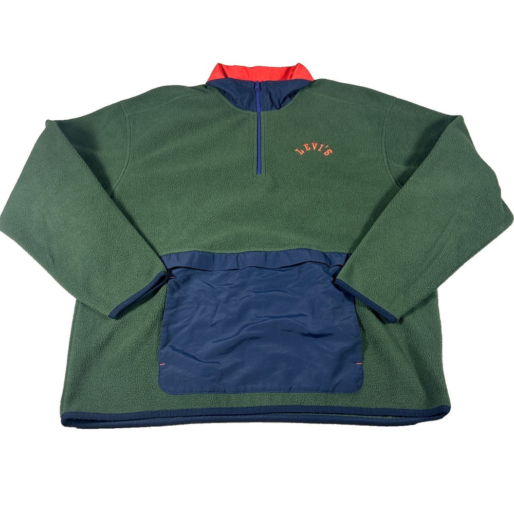 Levis 1/4 Quarter Zip Polar Fleece Jacket XL Relaxed Mockneck Anorak Green Navy